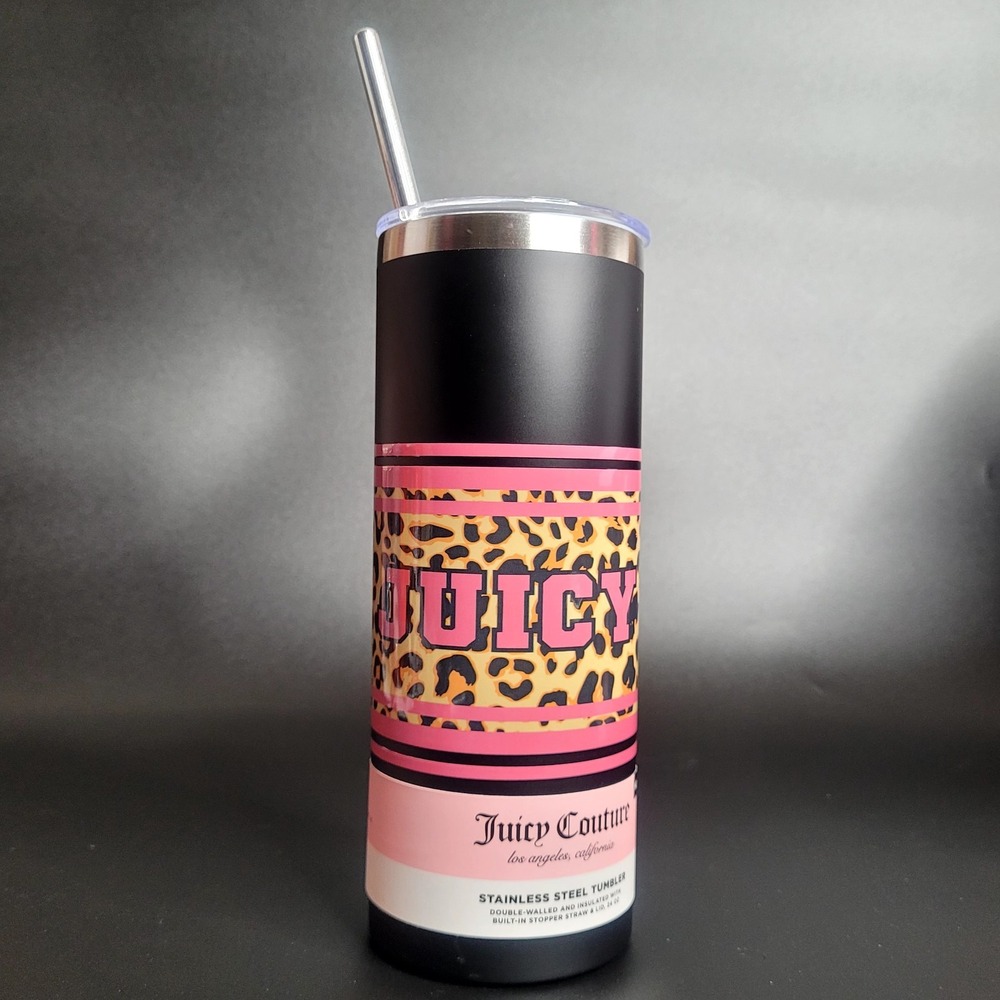 Juicy Couture Black Hot Pink Cheetah Leopard 24 oz Insulated Tumbler Straw NWT